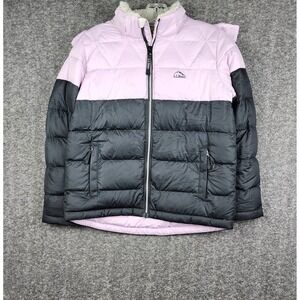 LL Bean Puffer Jacket Kids M 10-12 Lavender Black Hooded Colorblock Outerwear